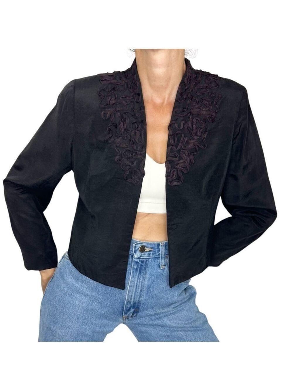 Vintage 80s Mister Leonard black applique cropped open front jacket blazer M
